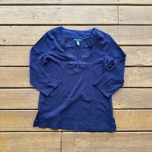 Lauren Ralph Lauren Navy Embroidered V-Neck Pullover Blouse